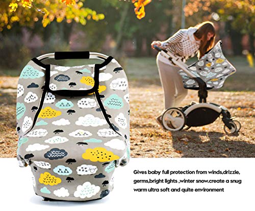 Stretchy Baby Car Seat Covers for Boys Girls, Infant Car Canopy Spring Autumn Winter,Snug Warm Breathable Windproof, Adjustable Peep Window,Universal Fit,Clouds Sheep