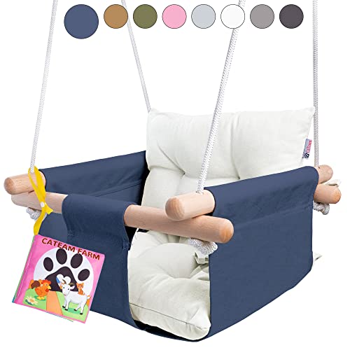 CaTeam - Canvas Baby Swing, Wooden Hanging Swing Seat Chair with Safety Belt, Durable Baby Hammock Chair, Outdoor and Indoor Swing for Kids, Mounting Hardware Included, Blue