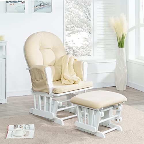 Brisbane Nursery Glider & Ottoman Sets, Swivel Glider Recliner Nursery Rocking Chair, Nursery Glider Rocker with Ottoman, Reclining Gliders & Chairs for Breastfeeding, Reading, Napping - White/Cream