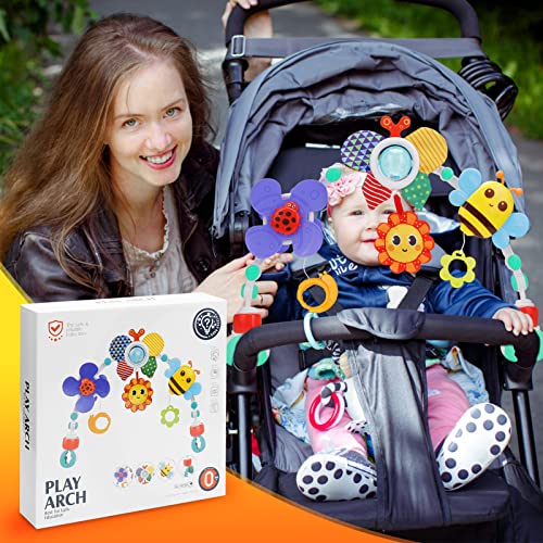 Stroller Arch Toy for Baby - Foldable Development Arch Toys for Infant 0-6 Months with Teether Crinkle BIBI Sound Newborns Sensory Activity Adjustable Crib Bouncer Car Seat Toy Boys Girls
