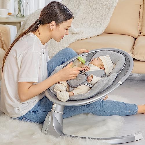 BabyBond Baby Swings for Infants, Bluetooth Infant Swing with Preset Lullabies, 5 Point Harness Belt, 5 Speeds and Remote Control - Portable Baby Swing for Indoor and Outdoor (Grey)