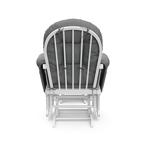 Storkcraft Premium Hoop Glider and Ottoman (White Base, Gray Cushion)  Padded Cushions with Storage Pocket, Smooth Rocking Motion, Easy to Assemble, Solid Hardwood Base