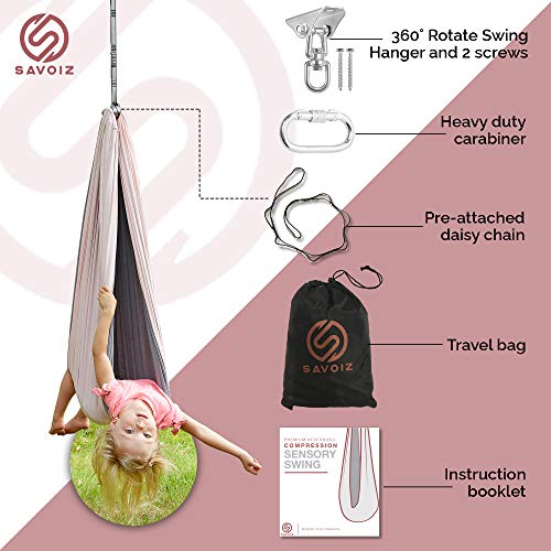 SAVOIZ Indoor Therapy Swing - Sensory Hammock Autism, ADHD, Aspergers - Double Layer Reversible Pink and Grey - Hardware Included - Indoor Swing - Outdoor Swing - Kids Sensory Swing