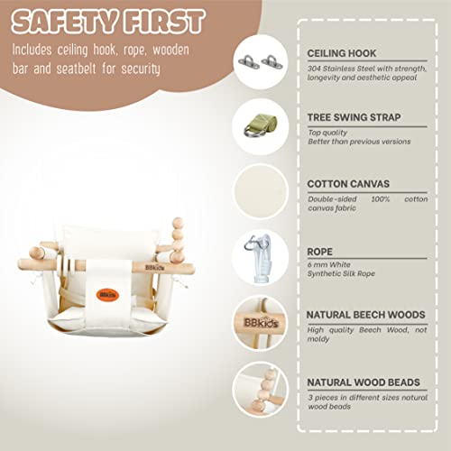 BBkids Indoor Baby Swing, Canvas Baby Swing, Wooden Hammock Hanging Swing Seat Chair with Safety Belt, Outdoor Kids Toddler Baby Tree Swing, Full Set of Ceiling Screws. (Cream)