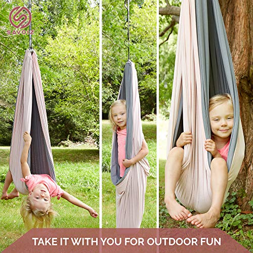 SAVOIZ Indoor Therapy Swing - Sensory Hammock Autism, ADHD, Aspergers - Double Layer Reversible Pink and Grey - Hardware Included - Indoor Swing - Outdoor Swing - Kids Sensory Swing
