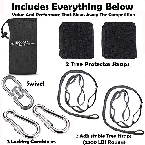 Roman Ventures Tree Swing Hanging Kit- Extra Long Adjustable Tree Swing Straps + 2 Tree Protectors + 2 Locking Carabiners + Swivel Tree Swing Kit For Swings, Hammocks & Tire Swings (10 Foot Strap Kit)