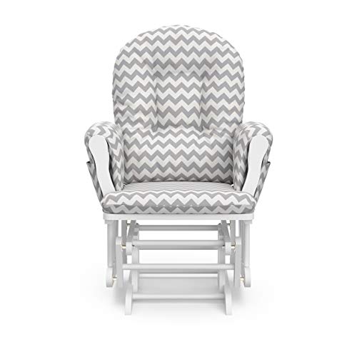 Storkcraft Premium Hoop Glider and Ottoman (White Base, Gray Chevron Cushion)  Padded Cushions with Storage Pocket, Smooth Rocking Motion, Easy to Assemble, Solid Hardwood Base