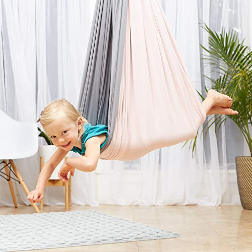SAVOIZ Indoor Therapy Swing - Sensory Hammock Autism, ADHD, Aspergers - Double Layer Reversible Pink and Grey - Hardware Included - Indoor Swing - Outdoor Swing - Kids Sensory Swing