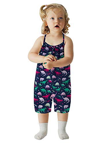 RAISEVERN Rompers for Baby Girls Toddler Jumpsuits for Kid Overalls Sleeveless Halter Dinosaur Infant Girls Jumpers with Pocket,1-2T