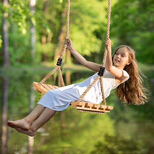 Yangbaga Wooden Swing Hanging Tree Swings, Wood Swings Seat 19.79.80.78to Adult Kids Children with Adjustable Hemp Rope Plus Tree Straps inch and 2 Carabiner Hooks-for Park or Home for Kids