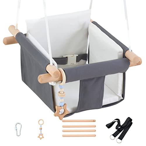 Troispot Comfortable Baby Swing Seat, Secure Canvas and Wooden Hanging Swing Chair for Baby, Infant, Toddler, Child, Kids Toys, Indoor Outdoor Hammock for Playground, Tree Swings or Backyard, C2