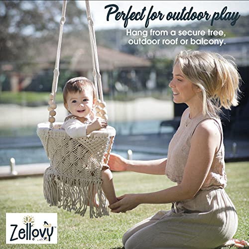 ZELLOVY Macrame Baby Swing | Boho Baby Swing for Infants & Toddler | Baby Hammock Swing for Indoor & Outdoor | Hanging Rope Baby Gift Swing | Handmade Crochet Baby Swing | Portable Baby Swing Chair