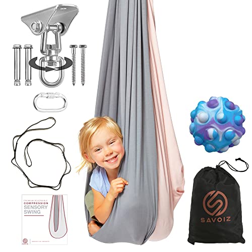 SAVOIZ Indoor Therapy Swing - Sensory Hammock Autism, ADHD, Aspergers - Double Layer Reversible Pink and Grey - Hardware Included - Indoor Swing - Outdoor Swing - Kids Sensory Swing