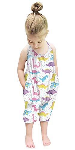 RAISEVERN Baby Girl Dinosaur Jumpsuit Halter Toddler Romper Summer Sleeveless Strap Pants Newborn Jumpers Beach Hawaiian Overalls Clothes with Pocket 1-2T