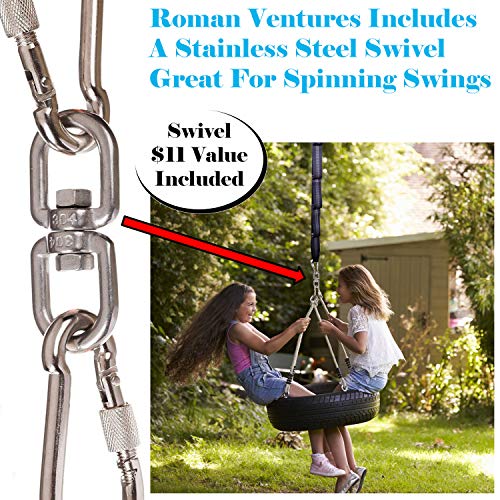 Roman Ventures Tree Swing Hanging Kit- Extra Long Adjustable Tree Swing Straps + 2 Tree Protectors + 2 Locking Carabiners + Swivel Tree Swing Kit For Swings, Hammocks & Tire Swings (10 Foot Strap Kit)