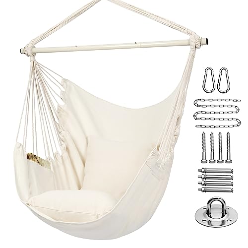 Y- STOP Hammock Chair Hanging Rope Swing-Max 320 Lbs-2 Seat Cushions Included-Quality Cotton Weave for Superior Comfort & Durability (Beige)
