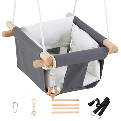Troispot Comfortable Baby Swing Seat, Secure Canvas and Wooden Hanging Swing Chair for Baby, Infant, Toddler, Child, Kids Toys, Indoor Outdoor Hammock for Playground, Tree Swings or Backyard, C1