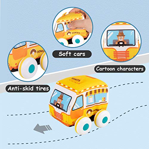 UNIH Pull-Back Vehicle Soft Baby Toys Toddlers Plush Car Toy Set 4 Cars with Play Mat (Storage Bag), 1 2 3 Year Old Toys