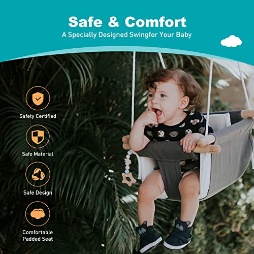 Troispot Comfortable Baby Swing Seat, Secure Canvas and Wooden Hanging Swing Chair for Baby, Infant, Toddler, Child, Kids Toys, Indoor Outdoor Hammock for Playground, Tree Swings or Backyard, C2