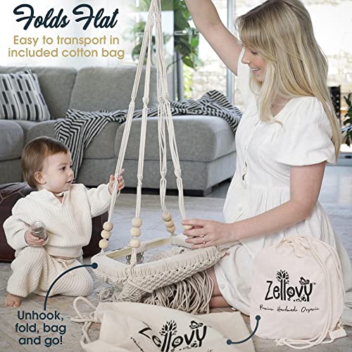 ZELLOVY Macrame Baby Swing | Boho Baby Swing for Infants & Toddler | Baby Hammock Swing for Indoor & Outdoor | Hanging Rope Baby Gift Swing | Handmade Crochet Baby Swing | Portable Baby Swing Chair