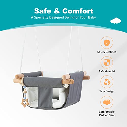 Troispot Comfortable Baby Swing Seat, Secure Canvas and Wooden Hanging Swing Chair for Baby, Infant, Toddler, Child, Kids Toys, Indoor Outdoor Hammock for Playground, Tree Swings or Backyard, C1