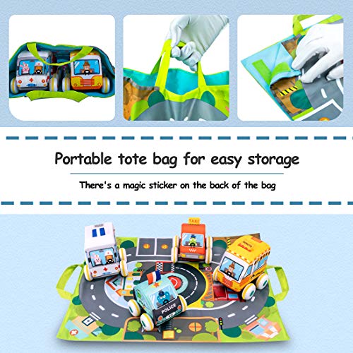 UNIH Pull-Back Vehicle Soft Baby Toys Toddlers Plush Car Toy Set 4 Cars with Play Mat (Storage Bag), 1 2 3 Year Old Toys