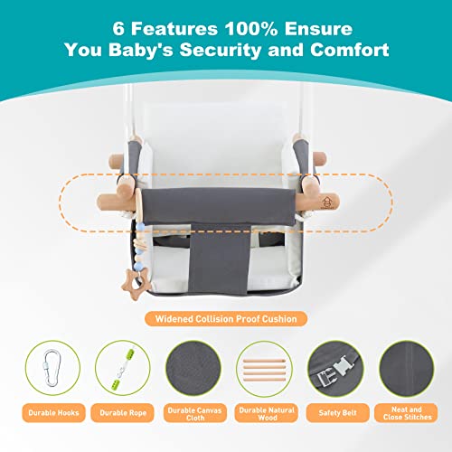 Troispot Comfortable Baby Swing Seat, Secure Canvas and Wooden Hanging Swing Chair for Baby, Infant, Toddler, Child, Kids Toys, Indoor Outdoor Hammock for Playground, Tree Swings or Backyard, C2
