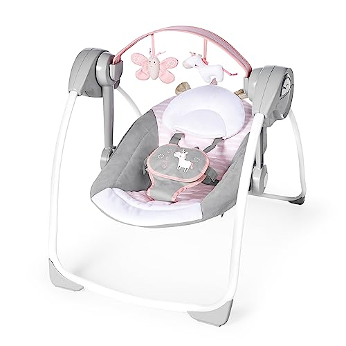Compact Portable 6-Speed Baby Swing: Pink Flora Unicorn