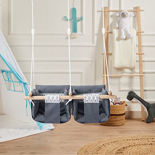 Secure Twin's Baby Swing Seat with Safety Belt, Wooden Hanging Swing Seat Chair - Indoor Outdoor, Double Baby Hammock Swing for Twin Babies, Infant and Toddler, Gray Lace