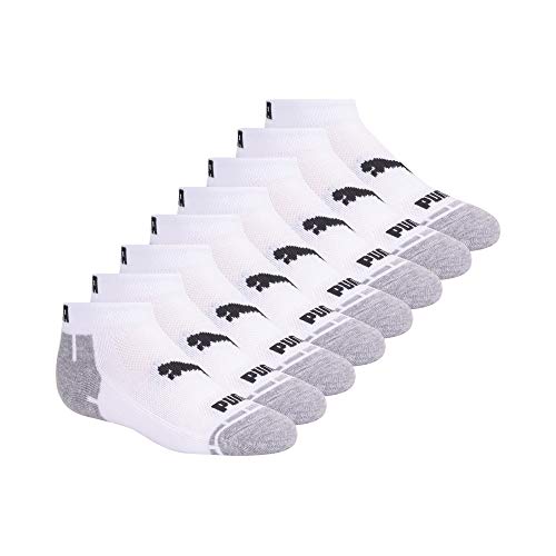 PUMA boys 8 Pack Boys' Low Cut Running Socks, White, 7-8.5 US