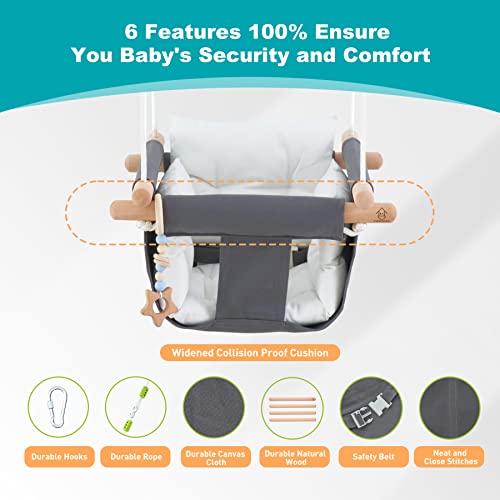 Troispot Comfortable Baby Swing Seat, Secure Canvas and Wooden Hanging Swing Chair for Baby, Infant, Toddler, Child, Kids Toys, Indoor Outdoor Hammock for Playground, Tree Swings or Backyard, C1