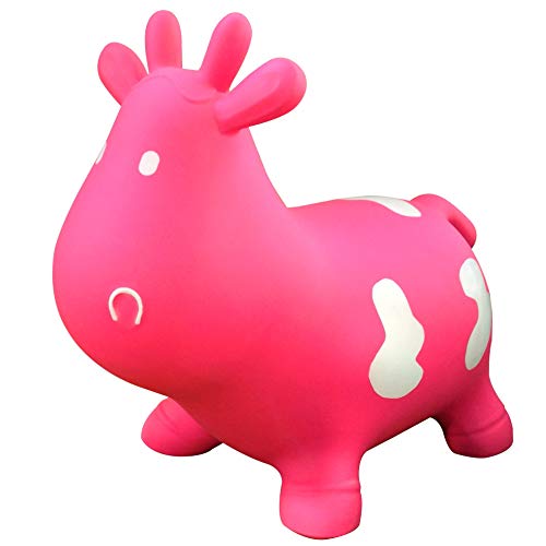 Pink Cow Bouncer with Hand Pump, Inflatable Space Hopper, Ride-on Bouncy Animal