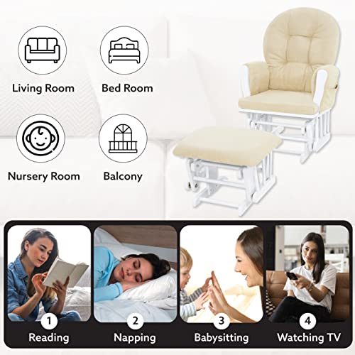 Brisbane Nursery Glider & Ottoman Sets, Swivel Glider Recliner Nursery Rocking Chair, Nursery Glider Rocker with Ottoman, Reclining Gliders & Chairs for Breastfeeding, Reading, Napping - White/Cream