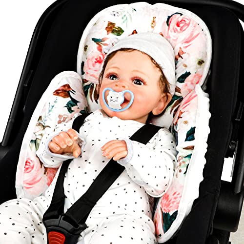 Baby Car Seat Head and Body Support Pillow, 2-in-1 Infant Car Seat Insert, Newborn Soft Cushion for Car Seat, Stroller, Bouncers, Pink Flower