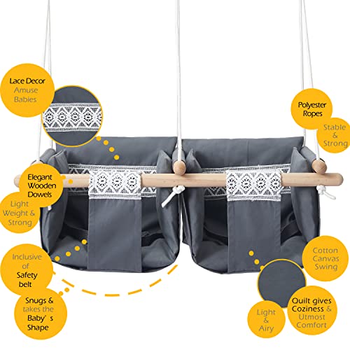 Secure Twin's Baby Swing Seat with Safety Belt, Wooden Hanging Swing Seat Chair - Indoor Outdoor, Double Baby Hammock Swing for Twin Babies, Infant and Toddler, Gray Lace