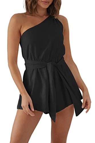 AUTOMET Womens Rompers Black One Piece Jumpsuits Casual Outfits Vacation Fashion Clothes 2023 Jumpers Tie Front Shorts with Pockets