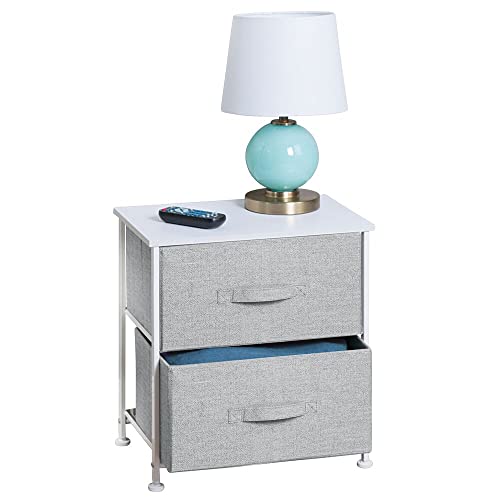 mDesign Night Stand/End Table Storage Tower - Sturdy Steel Frame, Wood Top, Easy Pull Fabric Bins - Organizer Unit for Bedroom, Hallway, Entryway, Closets - Textured Print - 2 Drawers - Gray/White