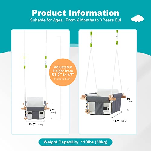 Troispot Comfortable Baby Swing Seat, Secure Canvas and Wooden Hanging Swing Chair for Baby, Infant, Toddler, Child, Kids Toys, Indoor Outdoor Hammock for Playground, Tree Swings or Backyard, C2