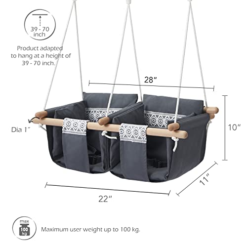 Secure Twin's Baby Swing Seat with Safety Belt, Wooden Hanging Swing Seat Chair - Indoor Outdoor, Double Baby Hammock Swing for Twin Babies, Infant and Toddler, Gray Lace