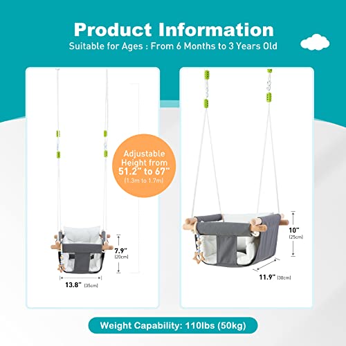 Troispot Comfortable Baby Swing Seat, Secure Canvas and Wooden Hanging Swing Chair for Baby, Infant, Toddler, Child, Kids Toys, Indoor Outdoor Hammock for Playground, Tree Swings or Backyard, C1