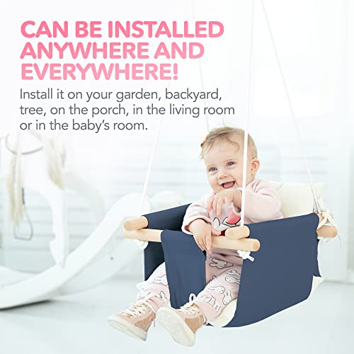 CaTeam - Canvas Baby Swing, Wooden Hanging Swing Seat Chair with Safety Belt, Durable Baby Hammock Chair, Outdoor and Indoor Swing for Kids, Mounting Hardware Included, Blue