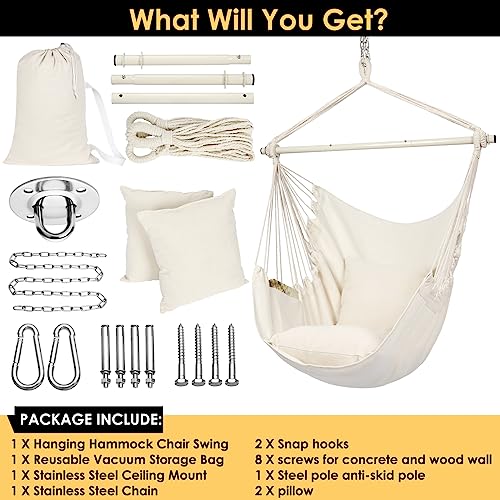 Y- STOP Hammock Chair Hanging Rope Swing-Max 320 Lbs-2 Seat Cushions Included-Quality Cotton Weave for Superior Comfort & Durability (Beige)
