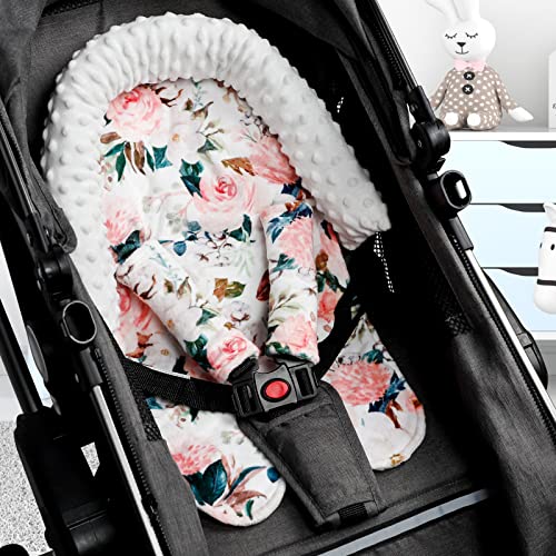 DILIMI Car Seat Head Support, Soft Minky Carseat Head Support for Boys and Girls, Car Seat Head Support with Straps Cover for Car Seats, Strollers and Bouncers, Pink Flower