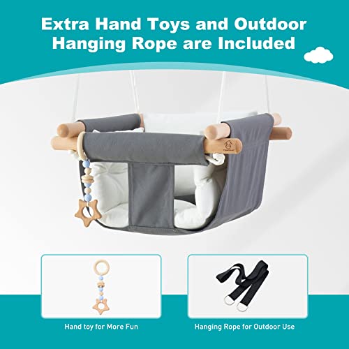 Troispot Comfortable Baby Swing Seat, Secure Canvas and Wooden Hanging Swing Chair for Baby, Infant, Toddler, Child, Kids Toys, Indoor Outdoor Hammock for Playground, Tree Swings or Backyard, C1
