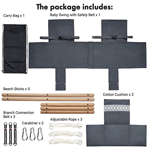 Secure Twin's Baby Swing Seat with Safety Belt, Wooden Hanging Swing Seat Chair - Indoor Outdoor, Double Baby Hammock Swing for Twin Babies, Infant and Toddler, Gray Lace