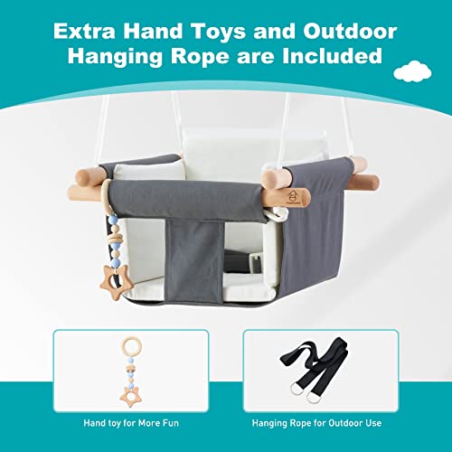 Troispot Comfortable Baby Swing Seat, Secure Canvas and Wooden Hanging Swing Chair for Baby, Infant, Toddler, Child, Kids Toys, Indoor Outdoor Hammock for Playground, Tree Swings or Backyard, C2