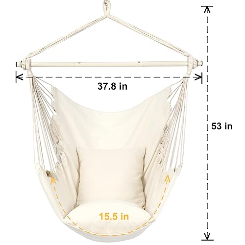 Y- STOP Hammock Chair Hanging Rope Swing-Max 320 Lbs-2 Seat Cushions Included-Quality Cotton Weave for Superior Comfort & Durability (Beige)