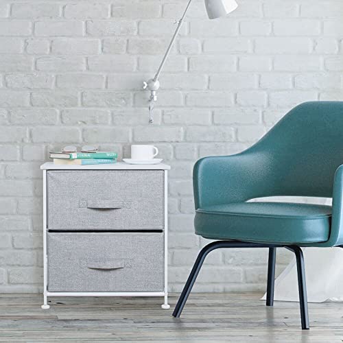 mDesign Night Stand/End Table Storage Tower - Sturdy Steel Frame, Wood Top, Easy Pull Fabric Bins - Organizer Unit for Bedroom, Hallway, Entryway, Closets - Textured Print - 2 Drawers - Gray/White