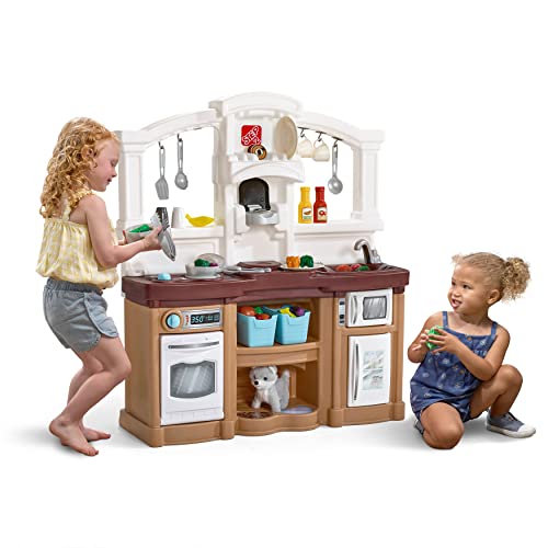 Step2 Fun with Friends Kitchen | Large Plastic Play Kitchen with Realistic Lights & Sounds | Brown Kids Kitchen Playset & 45-Pc Kitchen Accessories Set