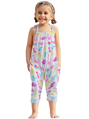 RAISEVERN Baby Girl Dinosaur Jumpsuit Halter Toddler Romper Summer Sleeveless Strap Pants Newborn Jumpers Beach Hawaiian Overalls Clothes with Pocket 1-2T